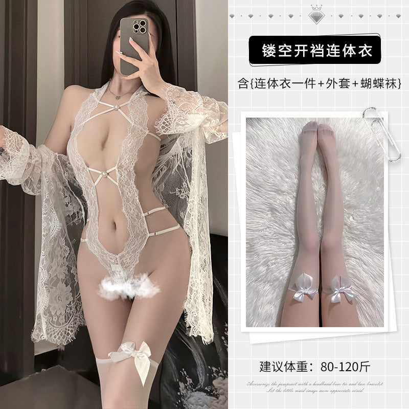 Image of Guifei sexy lingerie sexy lace one-piece pajamas crotch free of hot temptation provocative see-through nightdress set